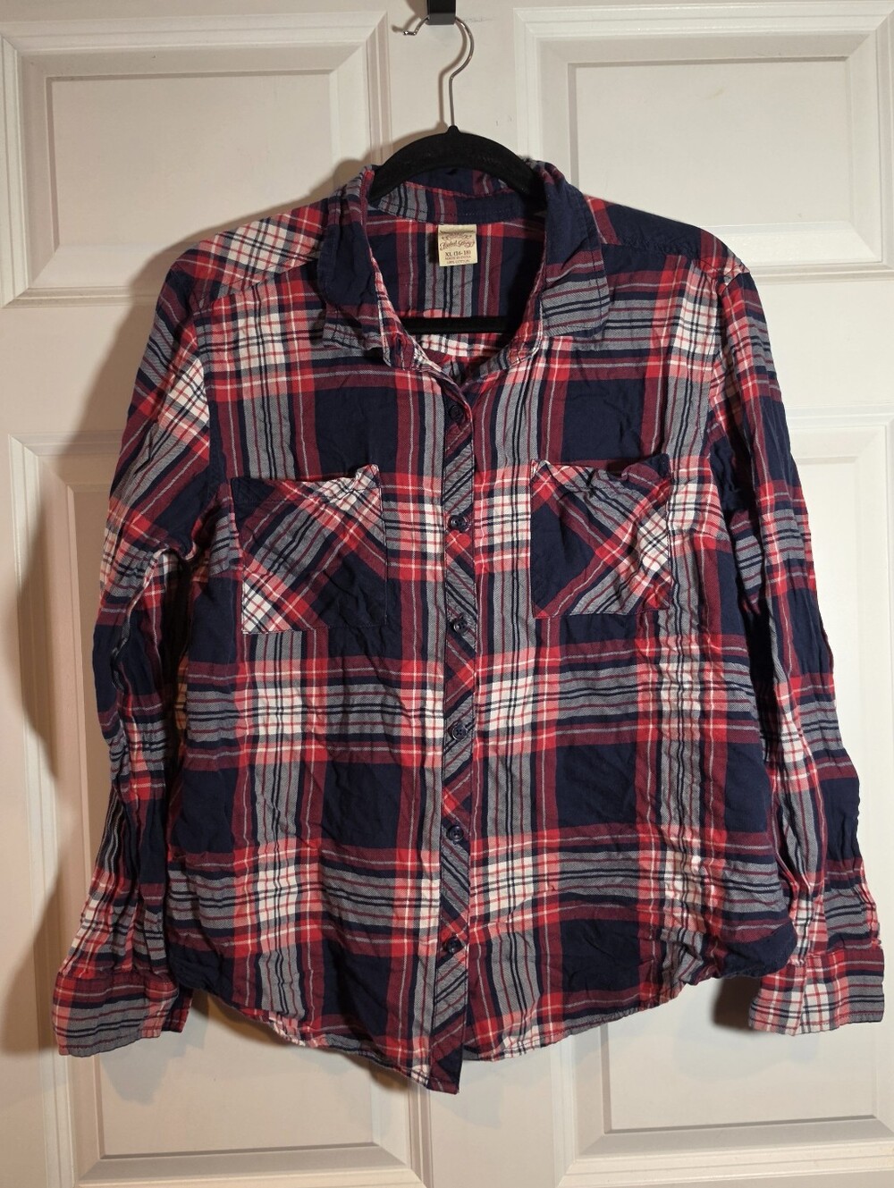 Faded Glory Red White And Navy Plaid Button-Up Shirt Cotton XL